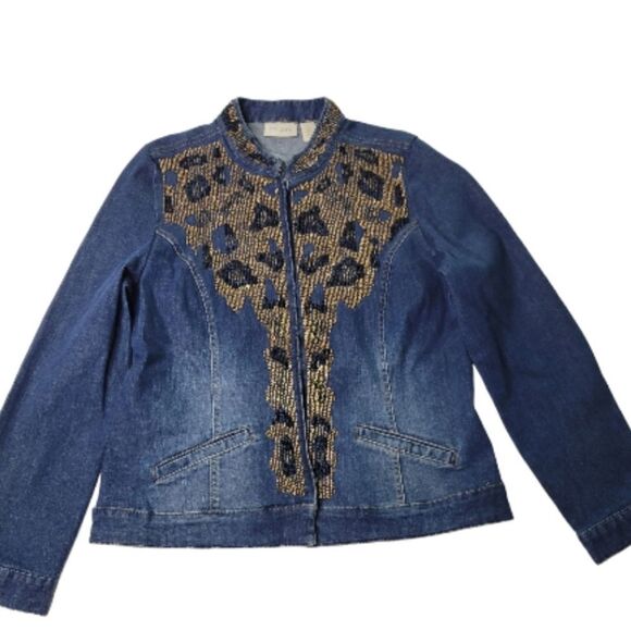 Chico's Jackets & Blazers - CHICO'S BEADED LEOPARD EMBELLISHED STRETCH DENIM JACKET BLUE BROWN TAN 1 medium
